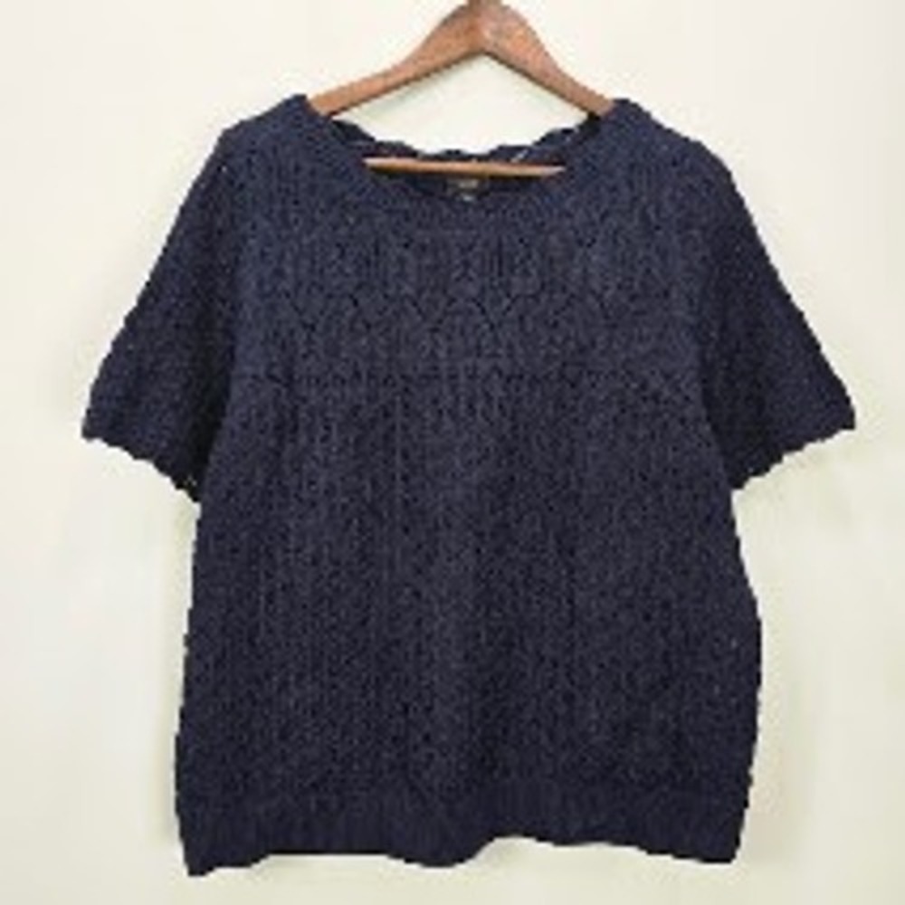 Talbots Cable Knit Pointelle Top 2X Petite Navy Blue Short Sleeve Office Coastal